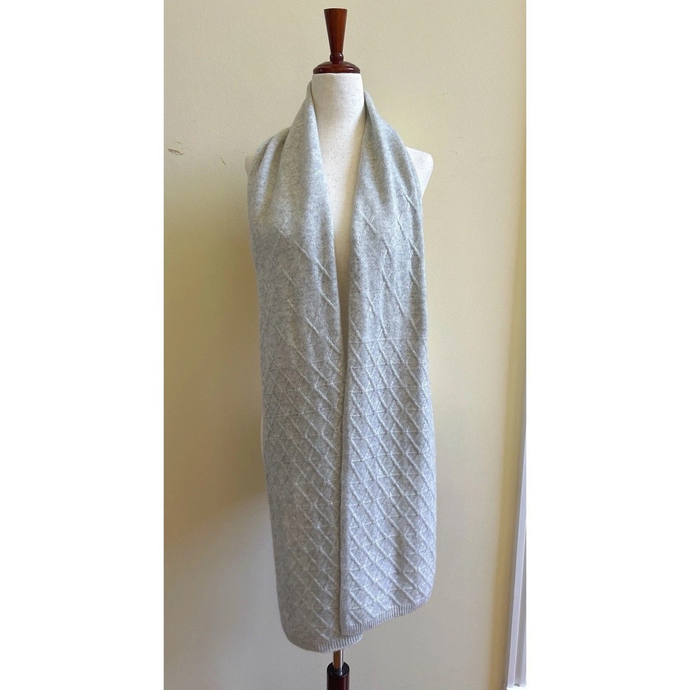 ORVIS 100% Cashmere Scarf Wrap Light Gray Diamond Knit Long Shawl 79"x12"